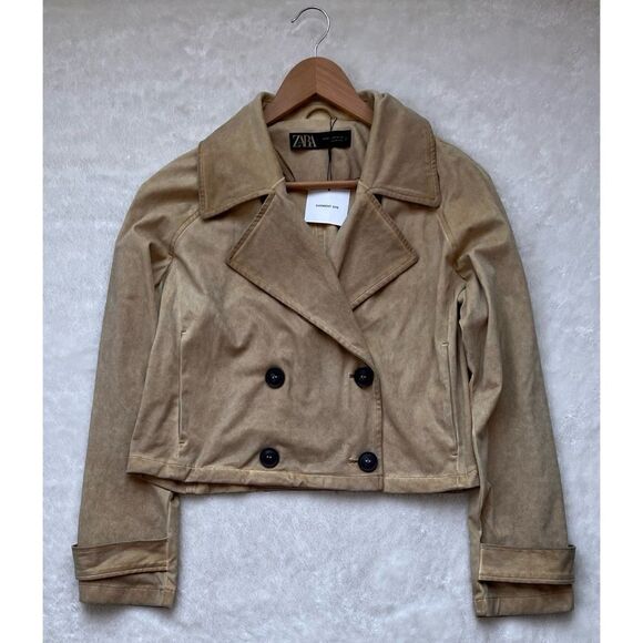 NWT Zara Garment Dye Faux Suede Short Double Breasted Cropped Trench Style Coat - Picture 12 of 16